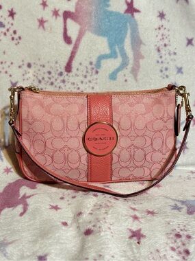 Coach Pink Signature Jacquard Shoulder Bag with Leather Trim